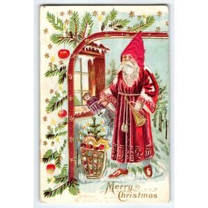 Antique Merry Christmas Old World Maroon Coat Santa Fabric Hat Toy Horn Postcard